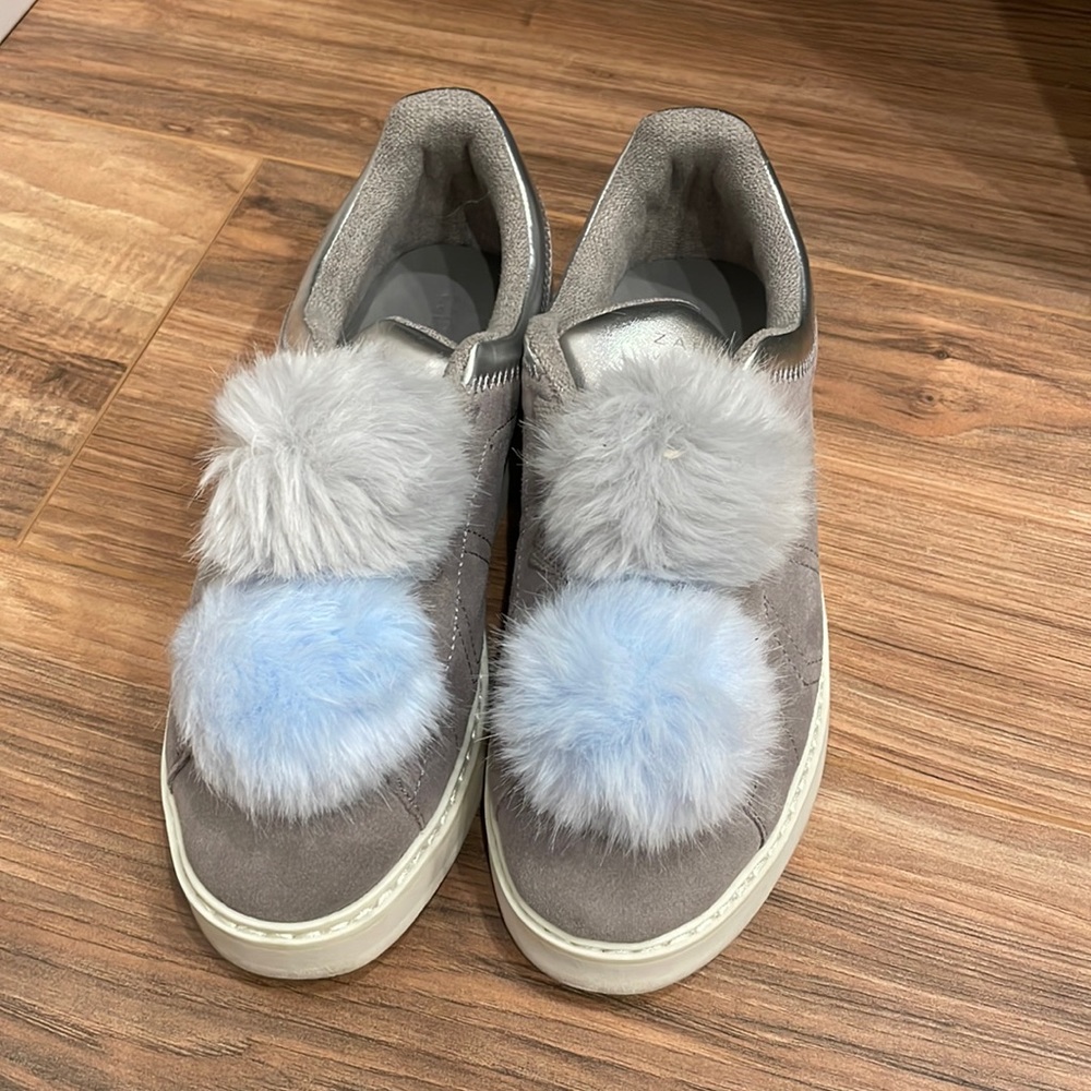 Zara Pom-Pom Grey Suede Tennis Shoes
